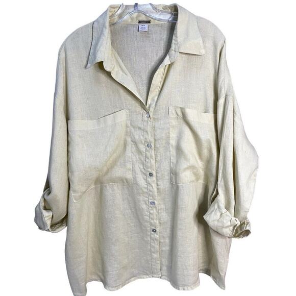 MAGASCHONI Butter Yellow Linen Button Down Shirt Size M Lagenlook Oversized - Picture 1 of 8